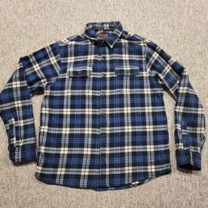 Orvis Shirt Mens Large Blue Plaid Flannel Shacket Heavy Outdoors Hiking Camping